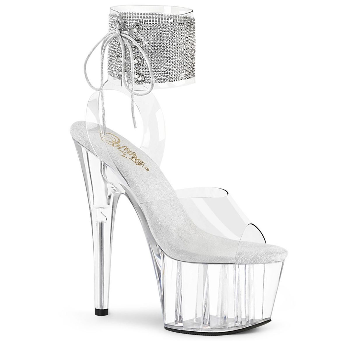 Product image of Pleaser ADORE-791-2RS Clear/Clear 7 inch (17.8 cm) Heel 2 3/4 inch (7 cm) Platform Ankle Cuff Sandal With Rhinestones Shoes
