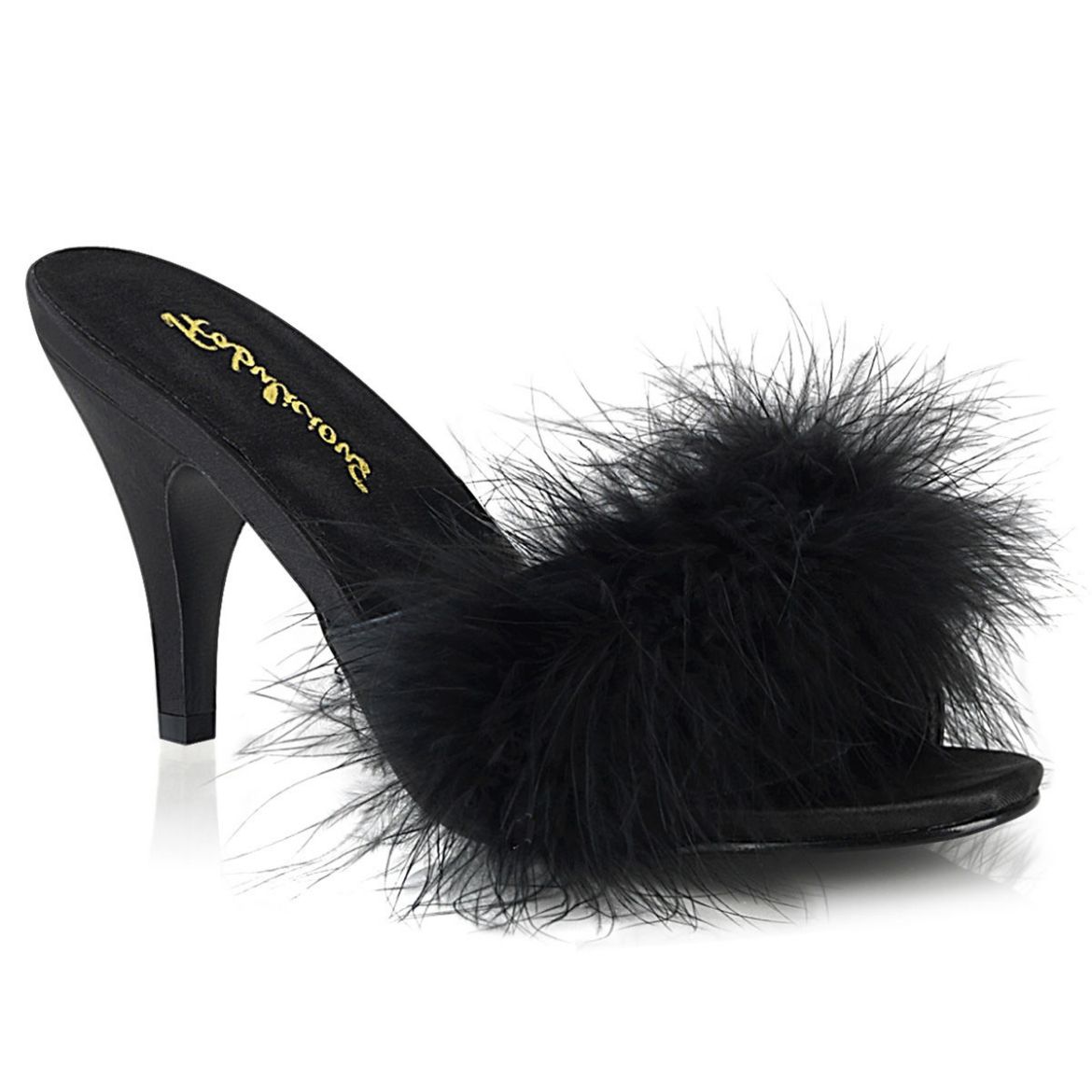 Product image of Fabulicious AMOUR-03 Black Polyurethane (Pu)-Faux Fur 3 inch (7.6 cm) Classic Faux Feathers Slipper
