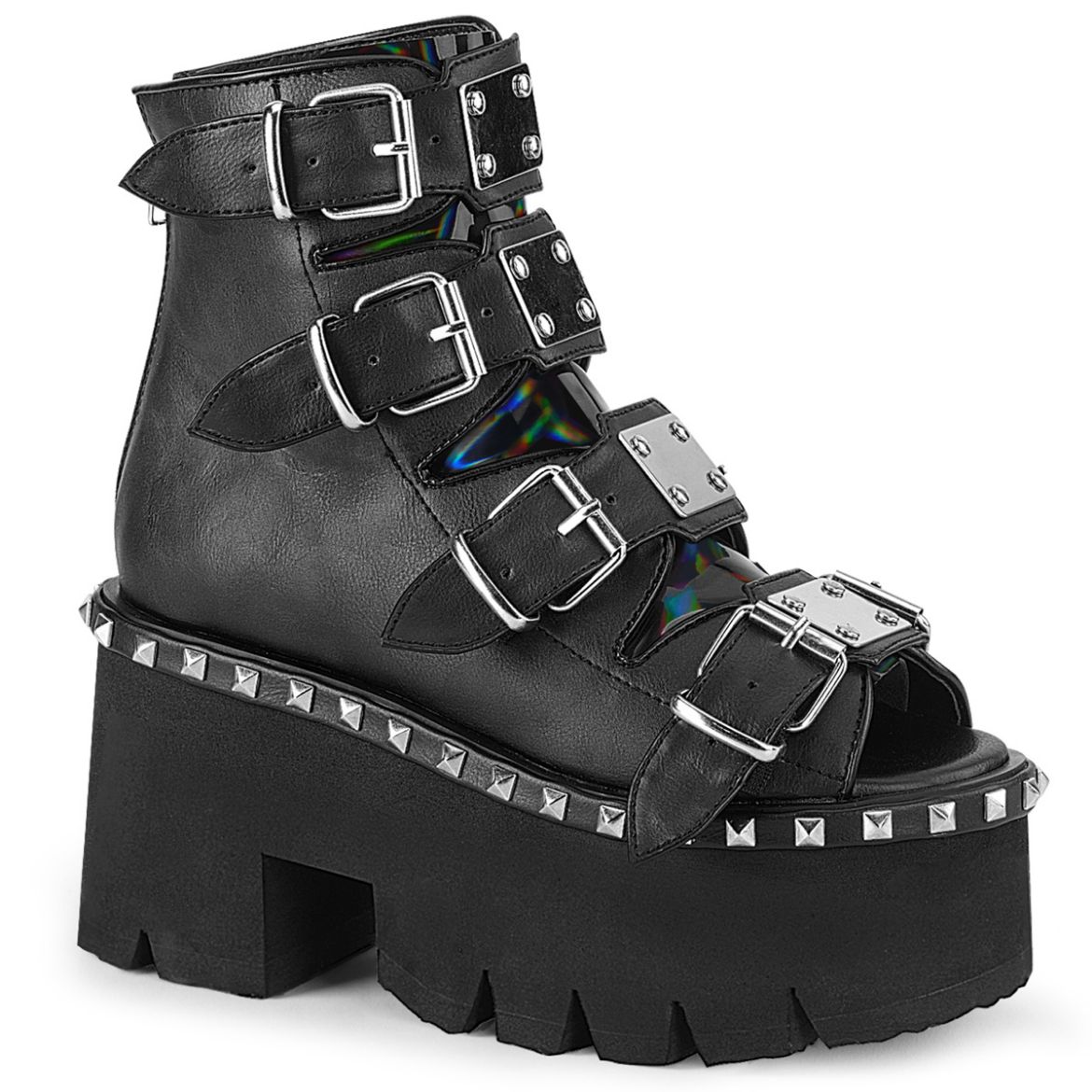Product image of Demonia ASHES-70 Black V Faux Leather & Holographic 3 1/2 inch (9 cm) Chunky Heel 2 1/4 inch Platform Ankle Boot Back Metal Zip