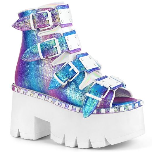 Product image of Demonia ASHES-70 Purple Multicolour Iridescent V Faux Leather 3 1/2 inch (9 cm) Chunky Heel 2 1/4 inch Platform Ankle Boot Back Metal Zip
