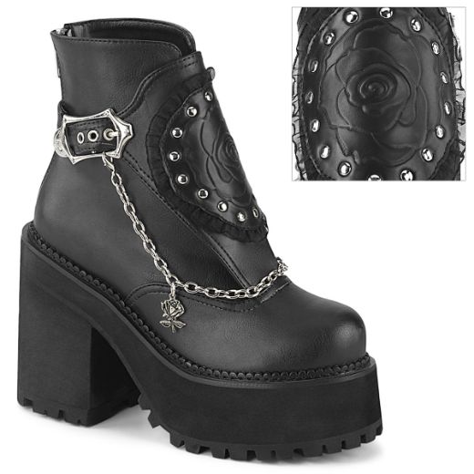 Product image of Demonia ASSAULT-55 Black Vegan Faux Leather 4 3/4 inch (12.1 cm) Heel 2 1/4 inch (5.7 cm) Platform Ankle Boot With  Shield Back Zp