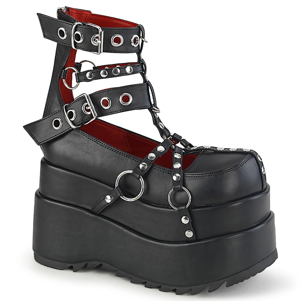 Product image of Demonia BEAR-28 Black Vegan Faux Leather 4 1/2 inch Tiered Platform Cage Bootie Back Metal Zip