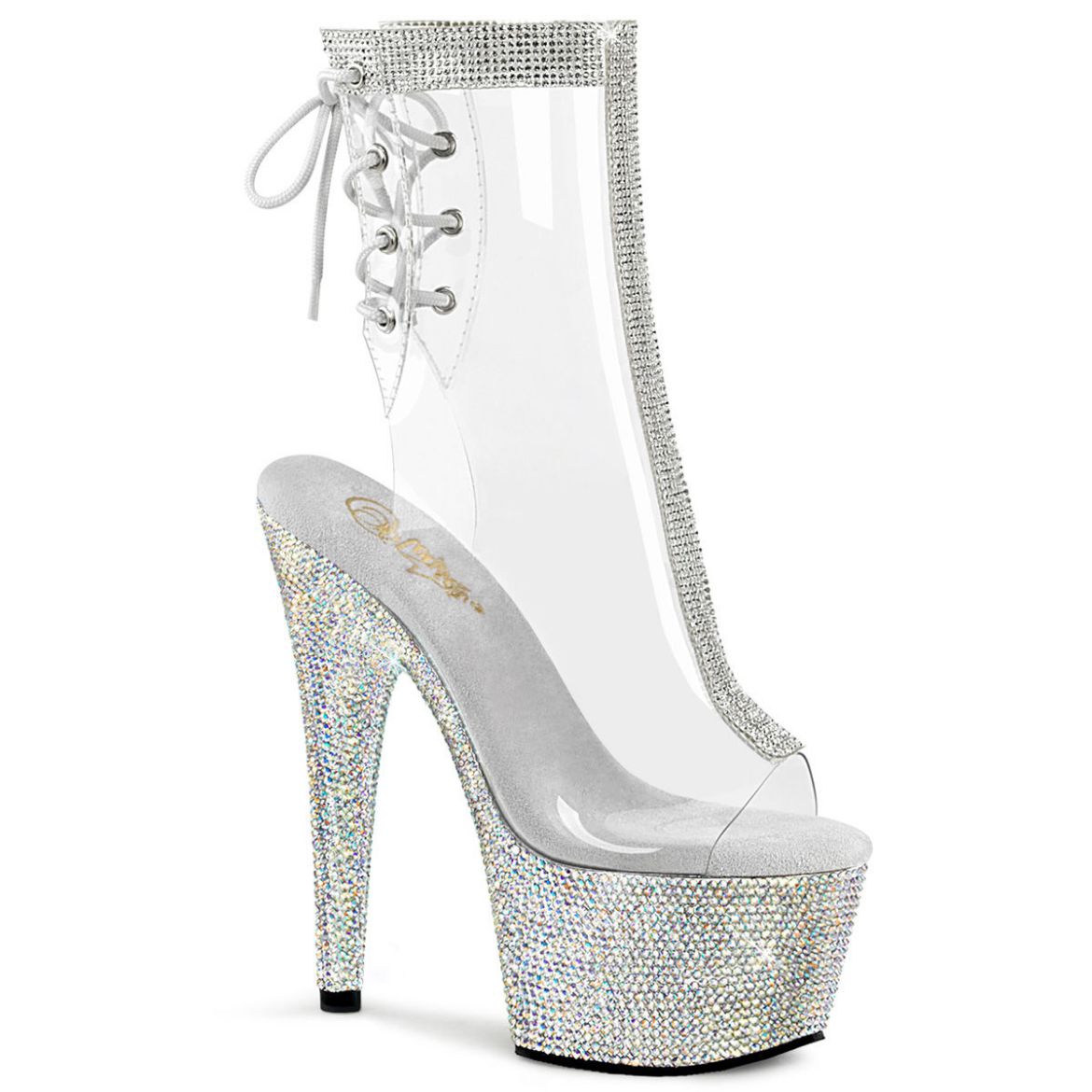 Product image of Pleaser BEJEWELED-1018C-2RS Clear/Silver Rhinestones 7 inch (17.8 cm) Heel 2 3/4 inch (7 cm) Platform Open Toe/Heel Ankle Boot With Rhinestones