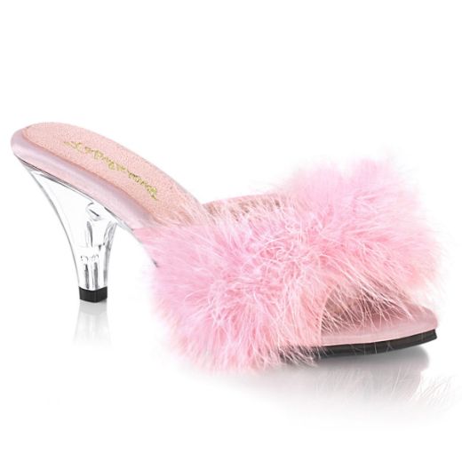 Product image of Fabulicious BELLE-301F Baby Pink Polyurethane (Pu)-Faux Fur/Clear 3 inch (7.6 cm) Heel 1/8 inch (0.3 cm) Mini Platform Faux Feathers Faux Fur Slide Slide Mule Shoes