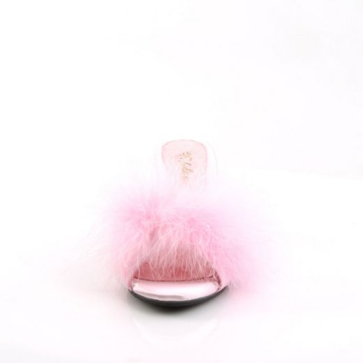 Product image of Fabulicious BELLE-301F Baby Pink Polyurethane (Pu)-Faux Fur/Clear 3 inch (7.6 cm) Heel 1/8 inch (0.3 cm) Mini Platform Faux Feathers Faux Fur Slide Slide Mule Shoes
