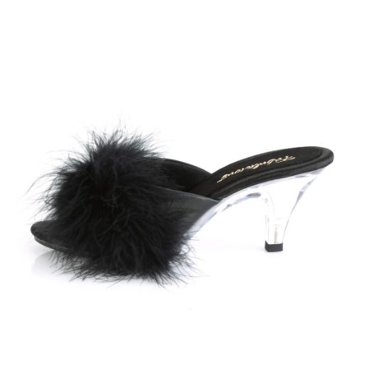 Product image of Fabulicious BELLE-301F Black Polyurethane (Pu)-Faux Fur/Clear 3 inch (7.6 cm) Heel 1/8 inch (0.3 cm) Mini Platform Faux Feathers Faux Fur Slide Slide Mule Shoes