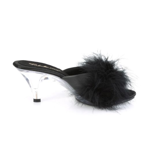 Product image of Fabulicious BELLE-301F Black Polyurethane (Pu)-Faux Fur/Clear 3 inch (7.6 cm) Heel 1/8 inch (0.3 cm) Mini Platform Faux Feathers Faux Fur Slide Slide Mule Shoes