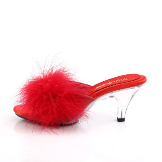 Product image of Fabulicious BELLE-301F Red Polyurethane (Pu)-Faux Fur/Clear 3 inch (7.6 cm) Heel 1/8 inch (0.3 cm) Mini Platform Faux Feathers Faux Fur Slide Slide Mule Shoes
