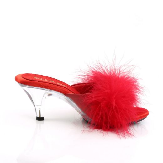 Product image of Fabulicious BELLE-301F Red Polyurethane (Pu)-Faux Fur/Clear 3 inch (7.6 cm) Heel 1/8 inch (0.3 cm) Mini Platform Faux Feathers Faux Fur Slide Slide Mule Shoes