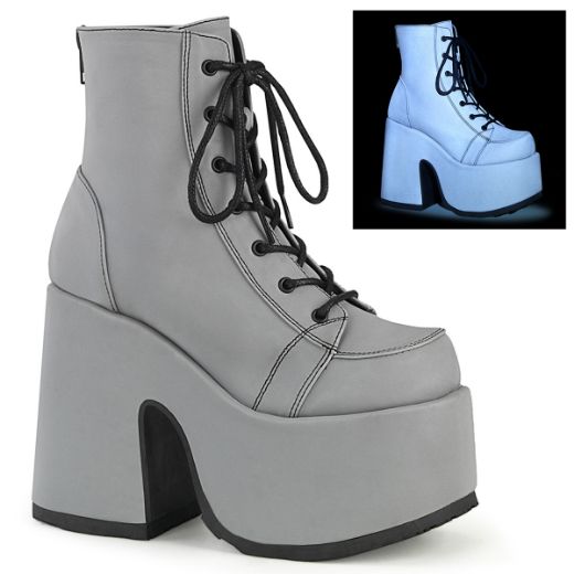 Product image of Demonia CAMEL-203 Grey Reflective Vegan Faux Leather 5 inch (12.7 cm) Chunky Heel 3 inch (7.5 cm) Platform Lace-Up Ankle Boot Metal Back Zip