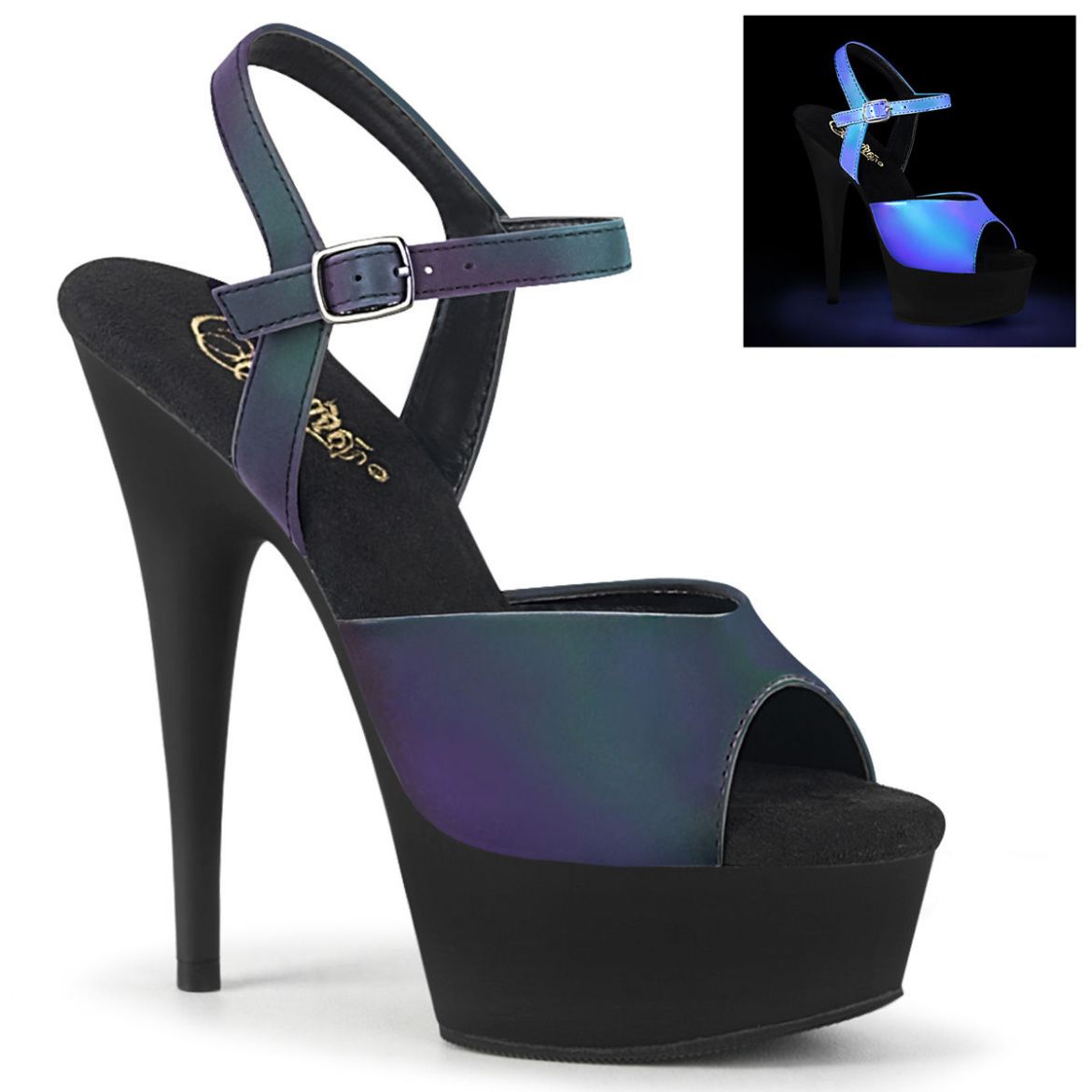 Product image of Pleaser DELIGHT-609REFL Green Multicolour Reflective/Black Matte 6 inch (15.2 cm) Heel 1 3/4 inch (4.5 cm) Platform Ankle Strap Sandal With Reflective Effect Shoes
