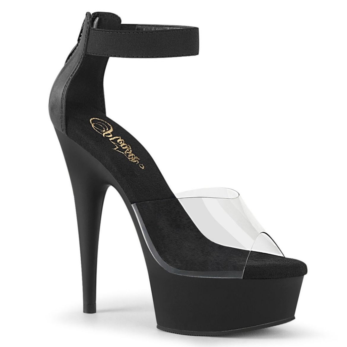 Product image of Pleaser DELIGHT-624 Clear-Black Elastic Band/Black Matte 6 inch (15.2 cm) Heel 1 3/4 inch (4.5 cm) Platform Close Back Ankle Strap Sandal Back Zip Shoes
