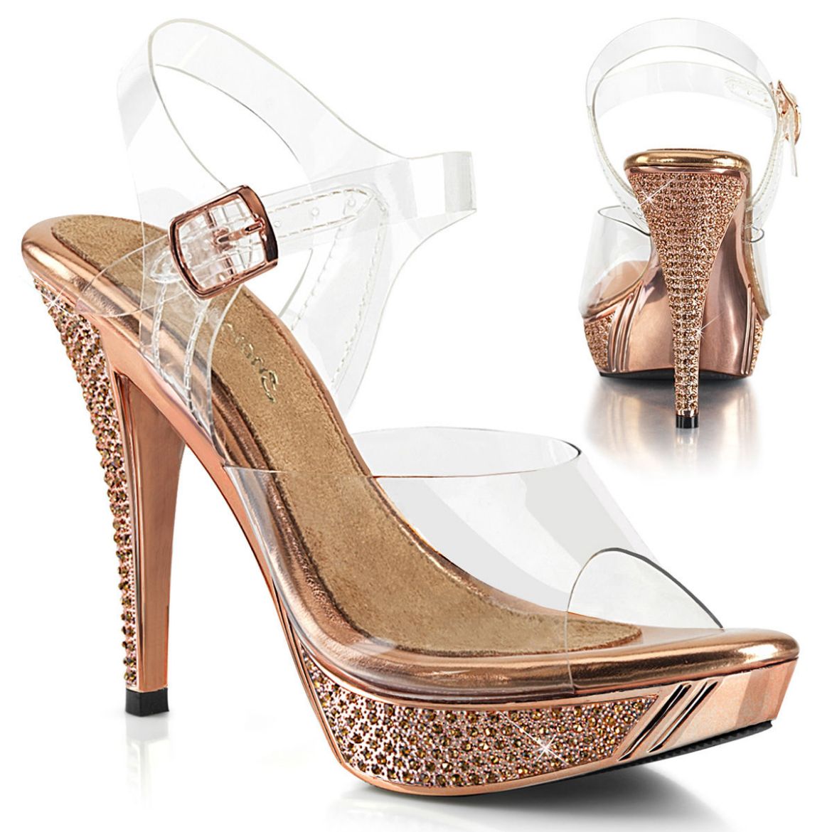 Product image of Fabulicious ELEGANT-408 Clear-Rose Gold/Rose Gold Chrome 4 1/2 inch (11.4 cm) Heel 1 inch (2.5 cm) Platform Ankle Strap Sandal With Rhinestones Shoes