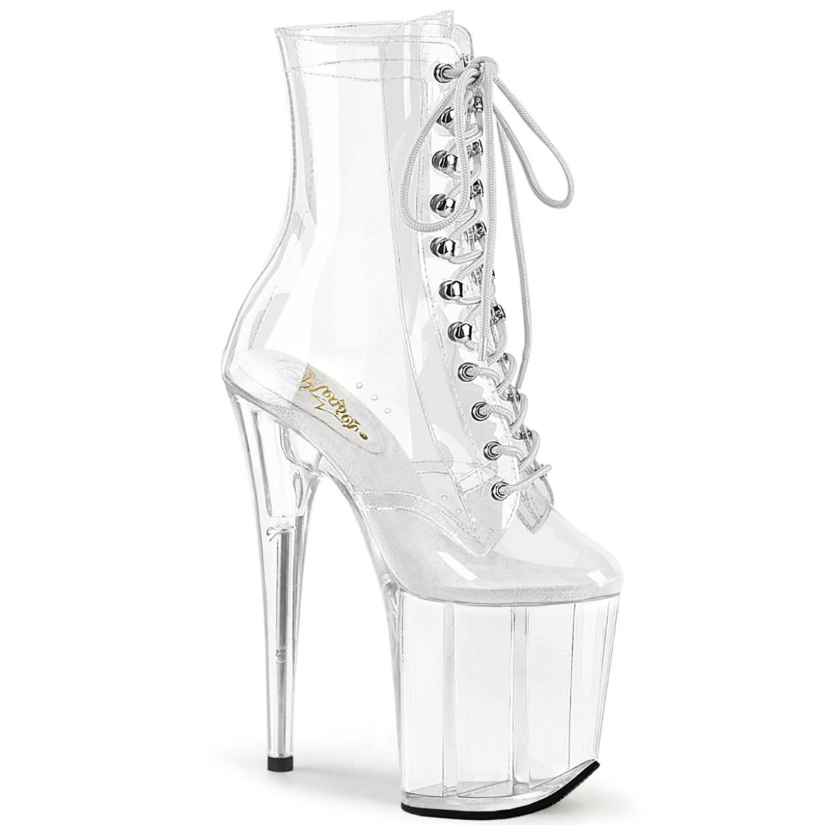 Product image of Pleaser FLAMINGO-1020C Clear/Clear 8 inch (20 cm) Heel 4 inch (10 cm) Platform Lace-Up Front Ankle Boot