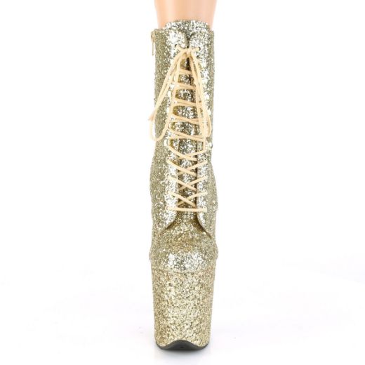 Product image of Pleaser FLAMINGO-1020GWR Gold Glitter/Gold Glitter 8 inch (20 cm) Heel 4 inch (10 cm) Platform Lace-Up Glitter Ankle Boot Side Zip