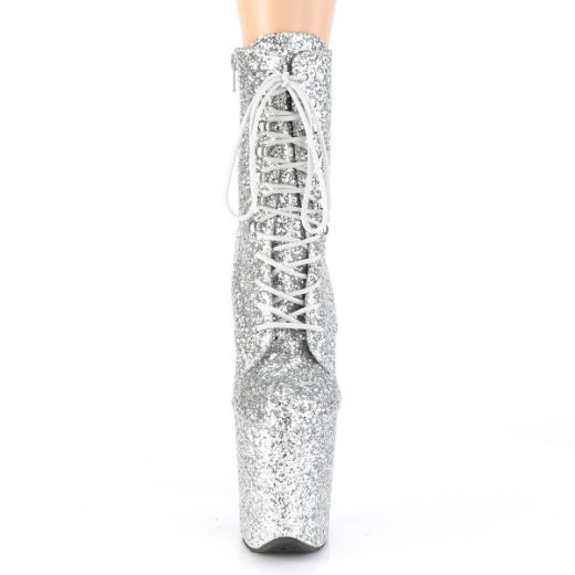 Product image of Pleaser FLAMINGO-1020GWR Silver Glitter/Silver Glitter 8 inch (20 cm) Heel 4 inch (10 cm) Platform Lace-Up Glitter Ankle Boot Side Zip