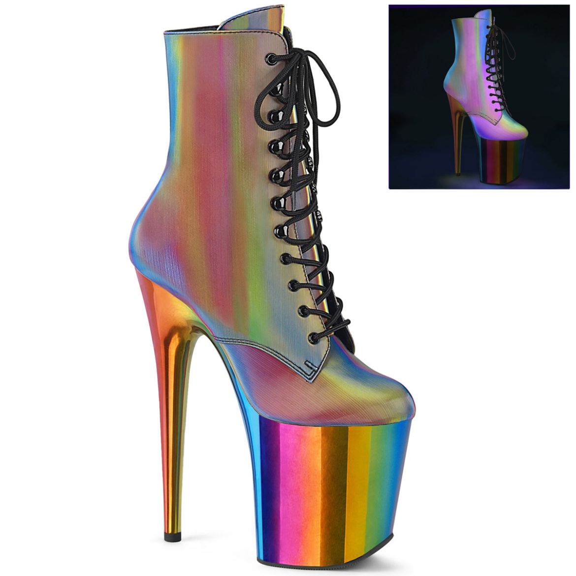 Product image of Pleaser FLAMINGO-1020RC-REFL Rainbow Reflective/Rainbow Chrome 8 inch (20 cm) Heel 4 inch (10 cm) Chromed Platform Lace-Up Ankle Boot Side Zip