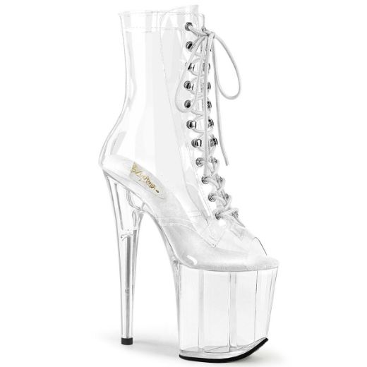 Product image of Pleaser FLAMINGO-1021C Clear/Clear 8 inch (20 cm) Heel 4 inch (10 cm) Platform Peep Toe Lace-Up Front Ankle Boot