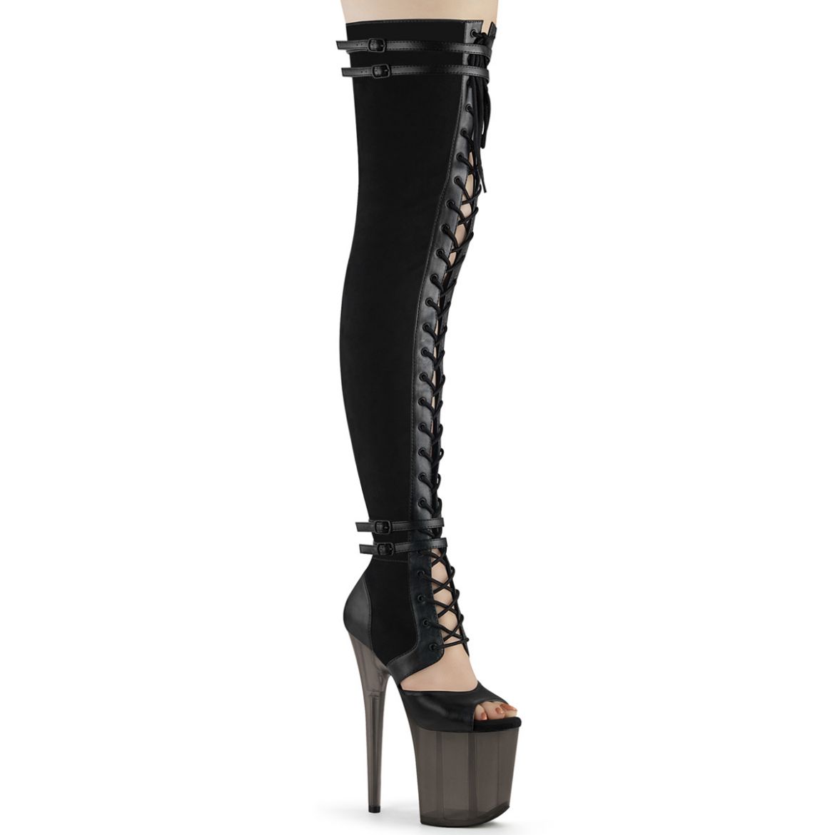 Product image of Pleaser FLAMINGO-3027 Black Faux Suede-Faux Leather/Frosted Black 8 inch (20 cm) Heel 4 inch (10 cm) Platform Lace-Up Front Thigh Side Zip