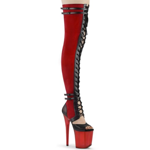 Product image of Pleaser FLAMINGO-3027 Red Faux Suede-Black Faux Leather/Frosted Red 8 inch (20 cm) Heel 4 inch (10 cm) Platform Lace-Up Front Thigh Side Zip