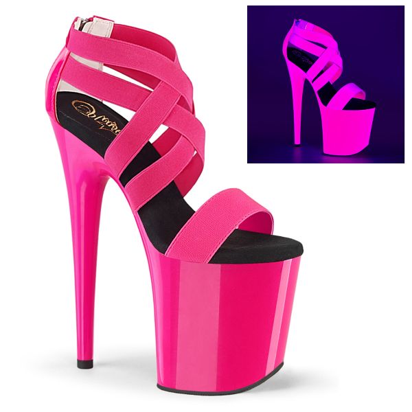 Product image of Pleaser FLAMINGO-869UV Neon Hot Pink Elastic Band-Patent/Neon Hot Pink 8 inch (20 cm) Heel 4 inch (10 cm) Platform Blacklight (Uv) Reactive Criss Cross Sandal Back Zip Shoes