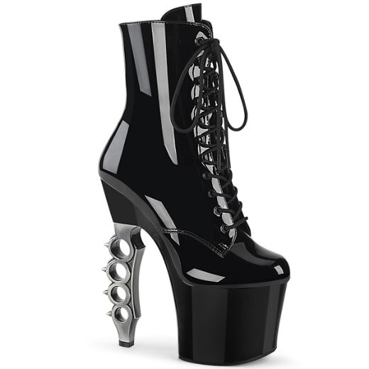Product image of Pleaser IRONGRIP-1020 Black Patent/Black-Silver Brushed 7 inch (17.8 cm) Brass Knuckle Heel 3 1/4 inch (8.3 cm) Platform Lace-Up Boot Side Zip