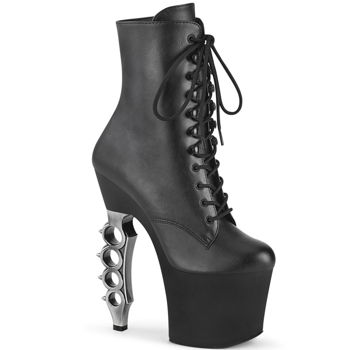 Product image of Pleaser IRONGRIP-1020 Black Faux Leather/Black Matte-Silver Brushed 7 inch (17.8 cm) Brass Knuckle Heel 3 1/4 inch (8.3 cm) Platform Lace-Up Boot Side Zip