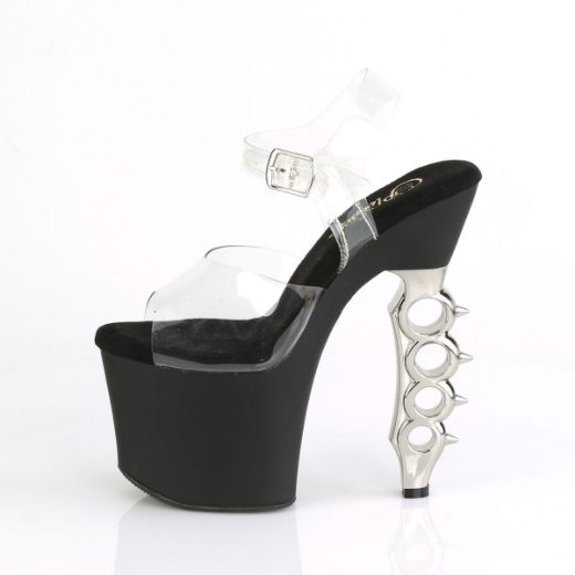Product image of Pleaser IRONGRIP-708 Clear/Black Matte-Silver Brushed 7 inch (17.8 cm) Brass Knuckle Heel 3 1/4 inch (8.3 cm) Platform Ankle Strap Sandal Shoes