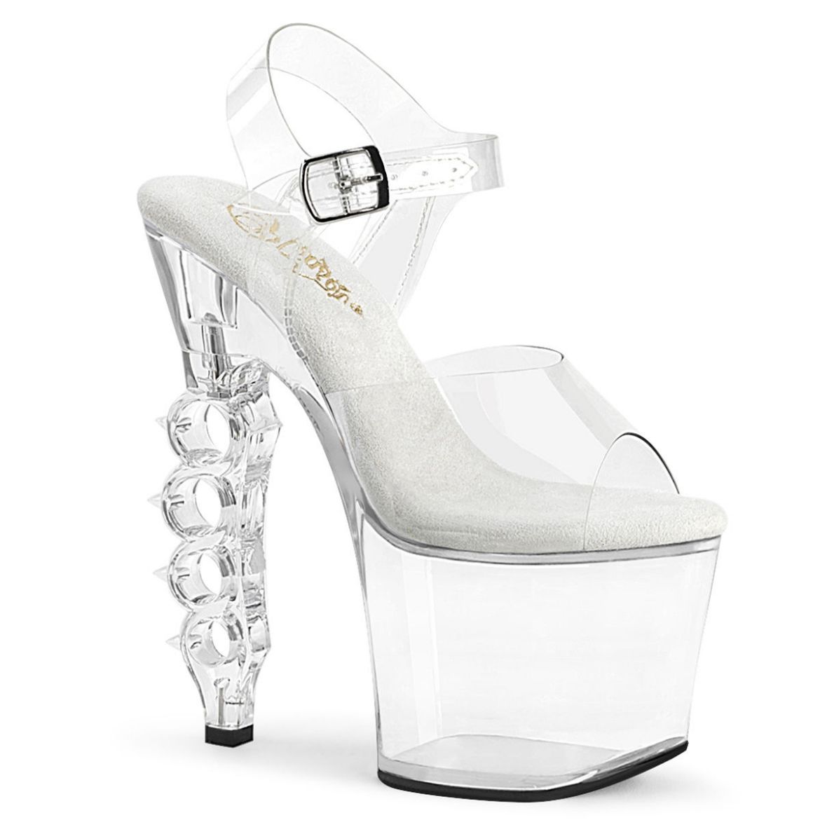 Product image of Pleaser IRONGRIP-708 Clear/Clear 7 inch (17.8 cm) Brass Knuckle Heel 3 1/4 inch (8.3 cm) Platform Ankle Strap Sandal Shoes