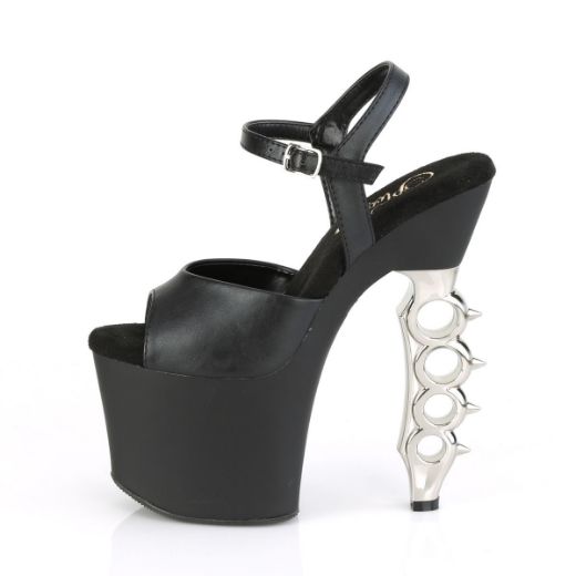 Product image of Pleaser IRONGRIP-709 Black F.Faux Leather/Black Matte-Silver Brushed 7 inch (17.8 cm) Brass Knuckle Heel 3 1/4 inch (8.3 cm) Platform Ankle Strap Sandal Shoes