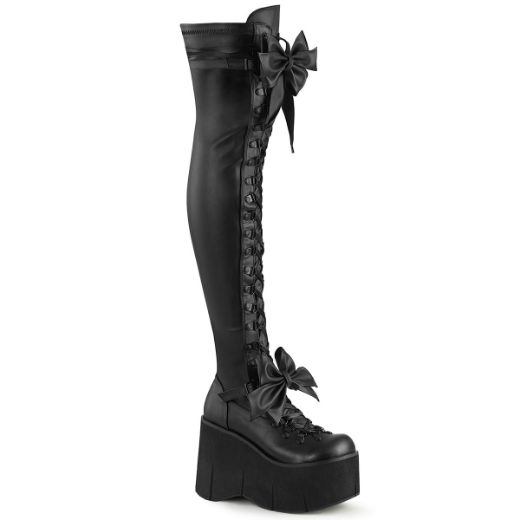Product image of Demonia KERA-303 Black Stretch Vegan Faux Leather 4 1/2 inch Wedge Platform Lace-Up Stretch Thigh Boot Side Zip