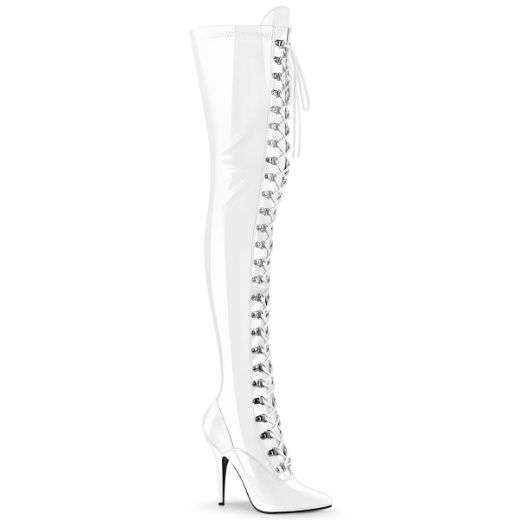 Product image of Pleaser SEDUCE-3024 White Patent 5 inch (12.7 cm) Heel D-Ring Stretch Thigh Boot Side Zip Thigh High Boot
