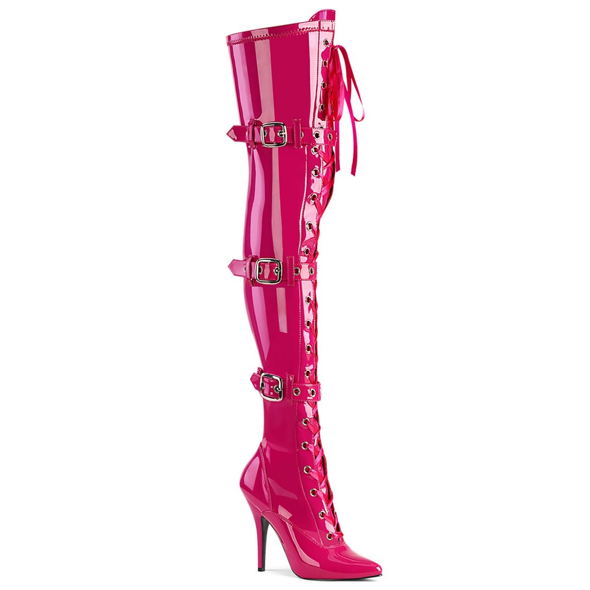 Product image of Pleaser SEDUCE-3028 Hot Pink Stretch Patent 5 inch (12.7 cm) Heel Lace-Up Triple Buckles Straps Thigh Boot Side Zip Thigh High Boot