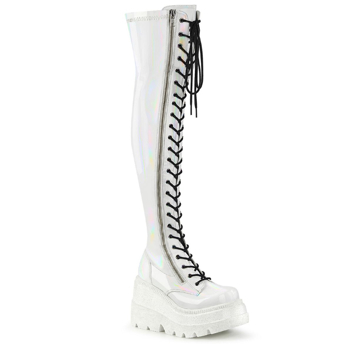 Product image of Demonia SHAKER-374 White Holographic Stretch Patent 4 1/2 inch Wedge Platform Lace-Up Thigh-High Boot Outside Zip