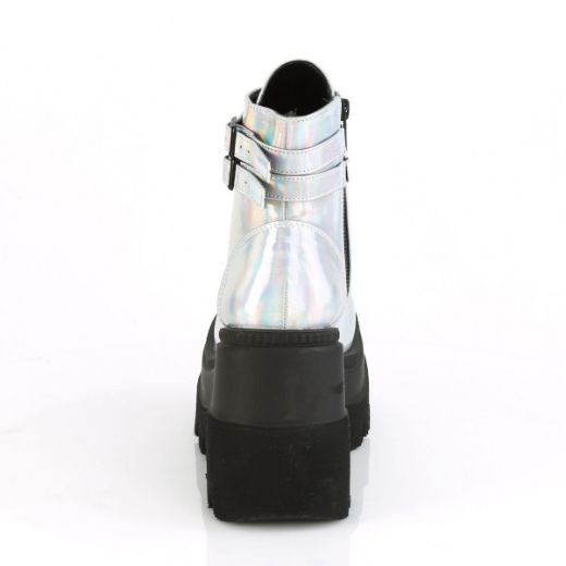 Product image of Demonia SHAKER-52 Silver Holographic 4 1/2 inch Wedge Platform Ankle Boot Side Zip