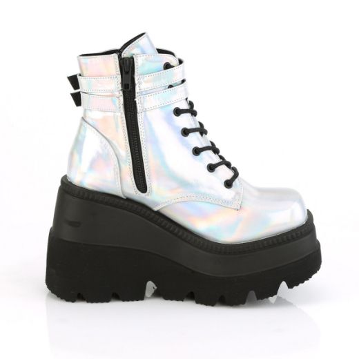Product image of Demonia SHAKER-52 Silver Holographic 4 1/2 inch Wedge Platform Ankle Boot Side Zip