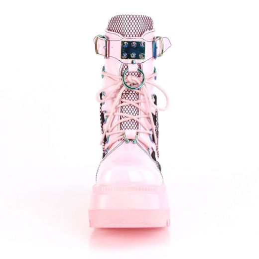 Product image of Demonia SHAKER-60 Baby Pink Holographic 4 1/2 inch Wedge Platform Lace-Up Ankle Boot Back Metal Zip