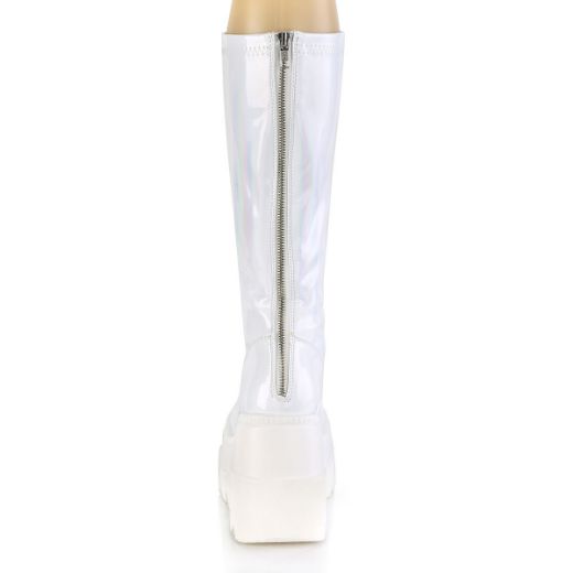 Product image of Demonia SHAKER-65 White Holographic 4 1/2 inch Wedge Platform Stretch Knee High Boot Back Zip
