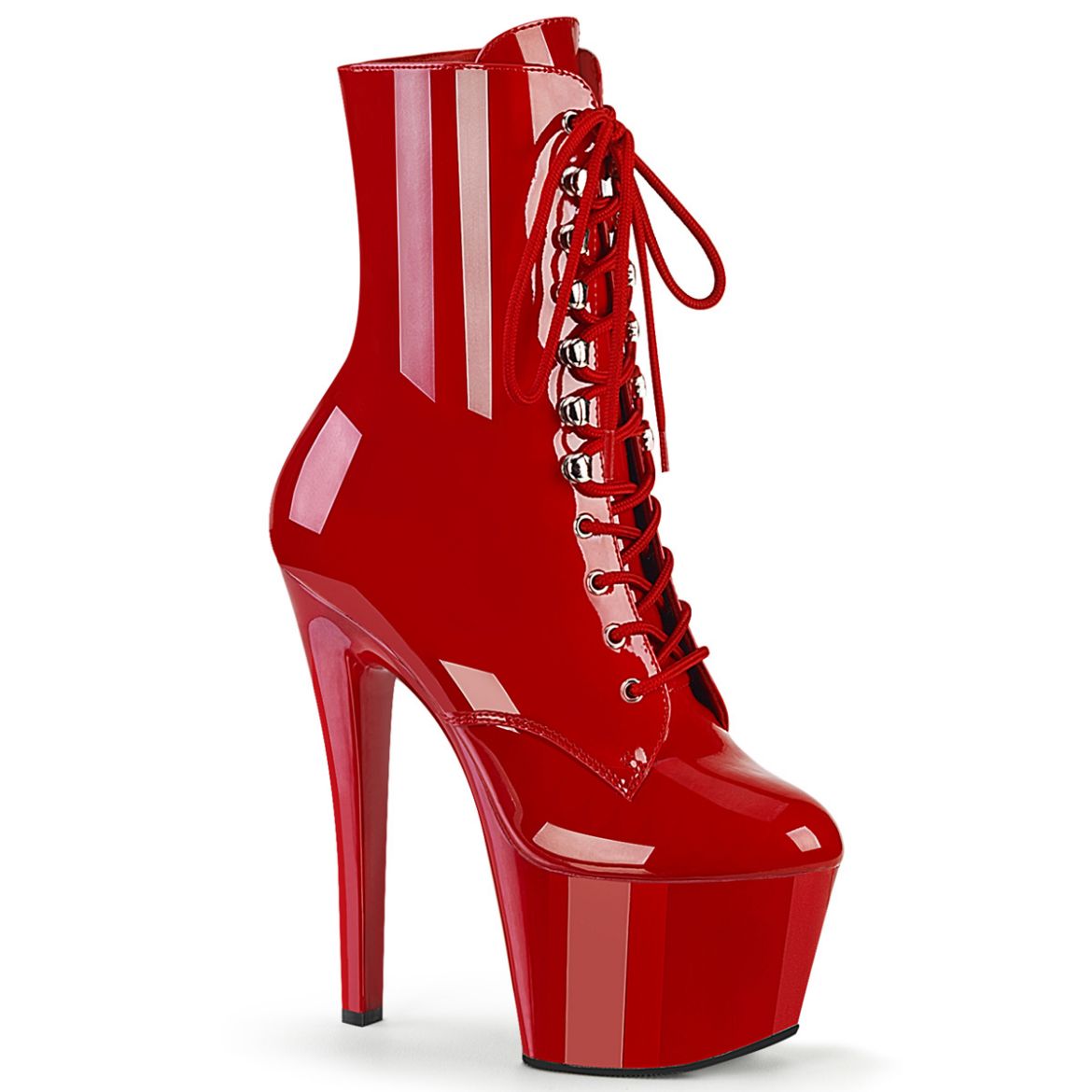 Product image of Pleaser SKY-1020 Red Patent/Red 7 inch (17.8 cm) Heel 2 3/4 inch (7 cm) Platform Lace-Up Front Ankle Boot Side Zip
