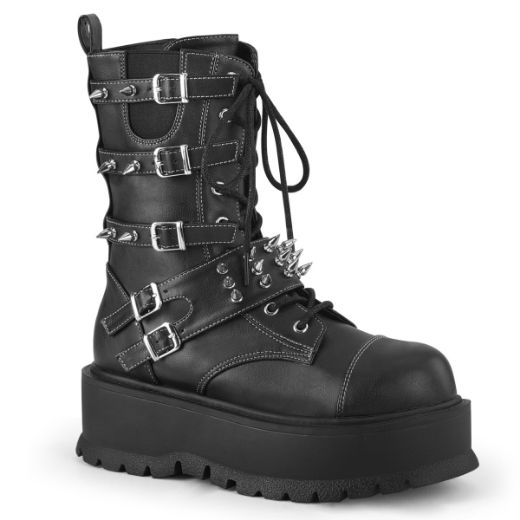 Product image of Demonia SLACKER-165 Black Vegan Faux Leather 2 inch Platform Lace-Up Mid-Calf Boot Side Zip