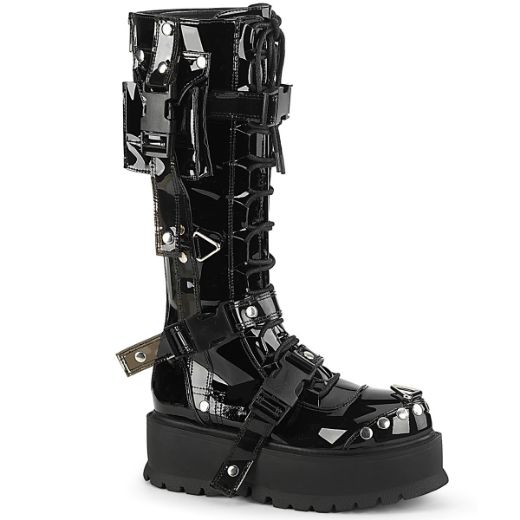 Product image of Demonia SLACKER-260 Black Patent 2 inch (5.1 cm) Platform Lace-Up Knee High Boot Back Metal Zip