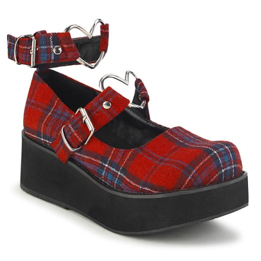 Product image of Demonia SPRITE-02 Red Plaid Fabric 2 1/4 inch Platform Mary Jane With  Hearts O-Ring & Studs Detail
