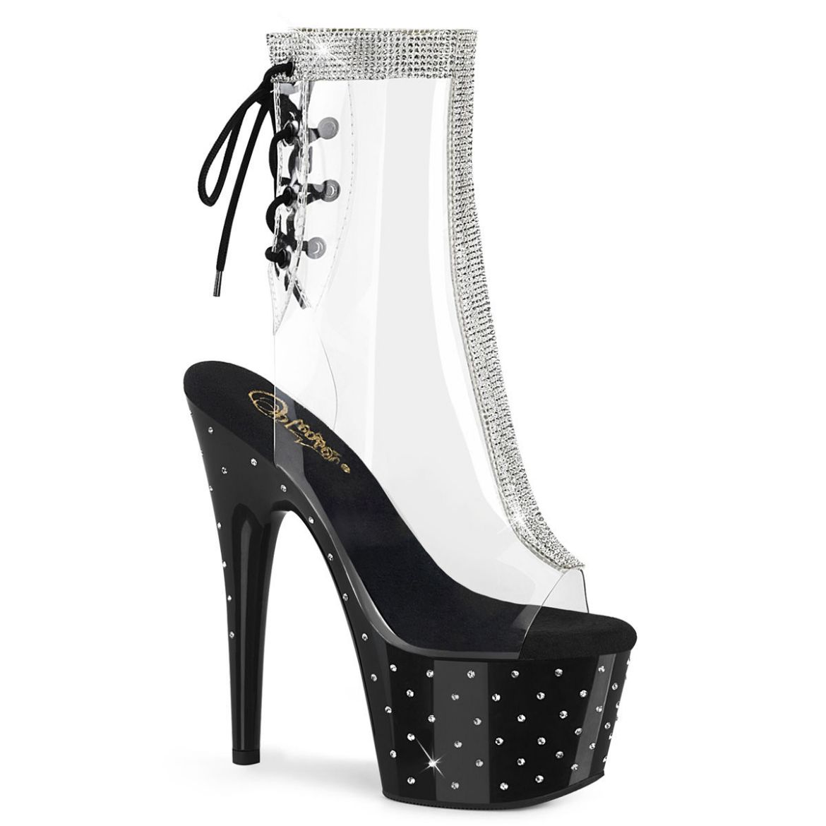 Product image of Pleaser STARDUST-1018C-2RS Clear/Black 7 inch (17.8 cm) Heel 2 3/4 inch (7 cm) Platform Open Toe/Heel Ankle Boot With Rhinestones