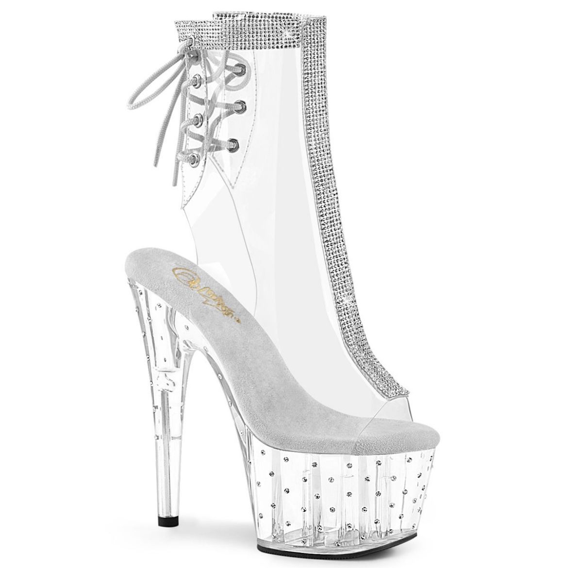 Product image of Pleaser STARDUST-1018C-2RS Clear/Clear 7 inch (17.8 cm) Heel 2 3/4 inch (7 cm) Platform Open Toe/Heel Ankle Boot With Rhinestones