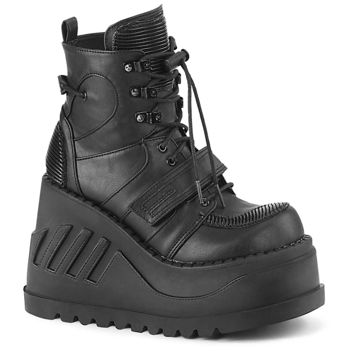 Product image of Demonia STOMP-13 Black Vegan Faux Leather 4 3/4 inch Wedge Platform Lace-Up Ankle Boot With  Hook & Loop Straps