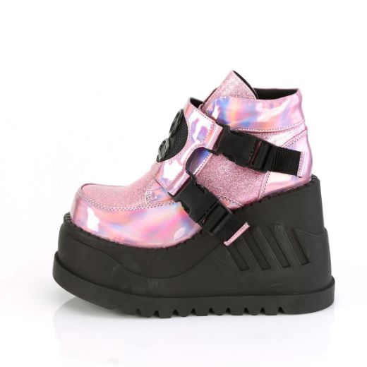 Product image of Demonia STOMP-15 Pink Holographic-Glitter 4 3/4 inch Wedge Platform Bootie With Snap Buckles Detail