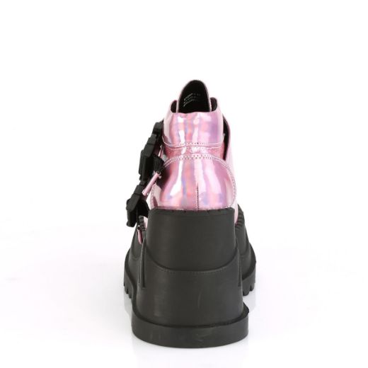 Product image of Demonia STOMP-15 Pink Holographic-Glitter 4 3/4 inch Wedge Platform Bootie With Snap Buckles Detail