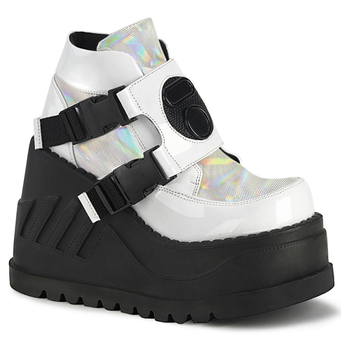 Product image of Demonia STOMP-15 White Patent-Multicolour 4 3/4 inch Wedge Platform Bootie With Snap Buckles Detail