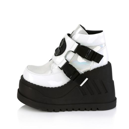Product image of Demonia STOMP-15 White Patent-Multicolour 4 3/4 inch Wedge Platform Bootie With Snap Buckles Detail