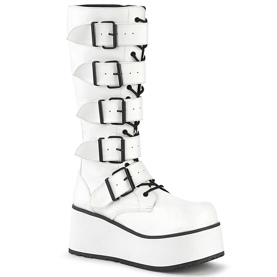 Product image of Demonia TRASHVILLE-518 White Vegan Faux Leather 3 1/4 inch Platform Lace-Up Knee High Boots Side Zip